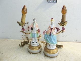 Vintage Painted Porcelain Victorian Man/woman Table Lamps - Marble Base - Markings photo