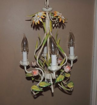 Vintage Italian Floral Tole 4 Light Chandelier.  Daisies & Roses.  Tagged Italy. photo