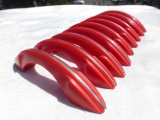 9 Vintage Drawer Door Pulls Handles Red Chrome Line Stripe Plastic Art Deco Wow photo