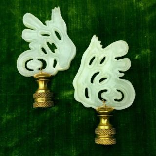 Vintage Chinese Carved Pale Green Jade & Brass Lamp Finials - Calligraphy Motif photo
