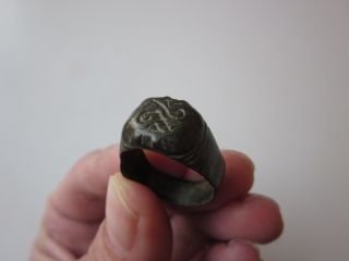 Ancient Roman Massive Bronze Engraving Ring Seal - With Two Snakes photo