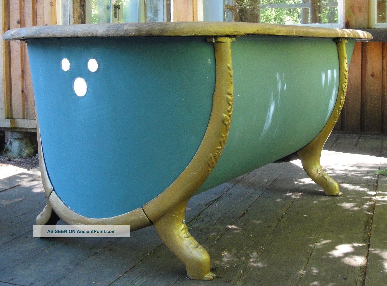 Antique Zinc Bathtub With Oak Rim And Cast Iron Surround Legs Bath Tubs photo