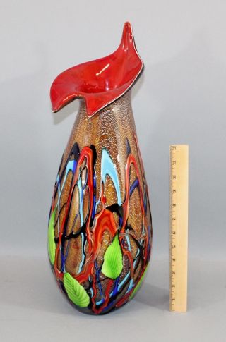 Lrg Vintage Murano Darte Art Glass,  Jack In The Pulpit Leaf Multicolored Vase Nr photo