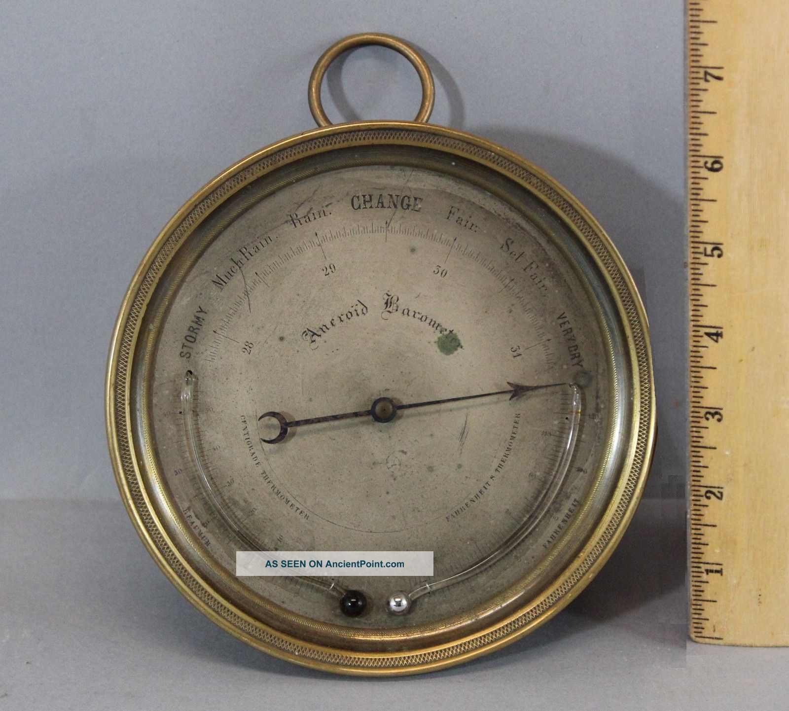 Antique 19thc Brass Aneroid Barometer Thermometer Centigrade & Fahrenheit,  Nr Barometers photo