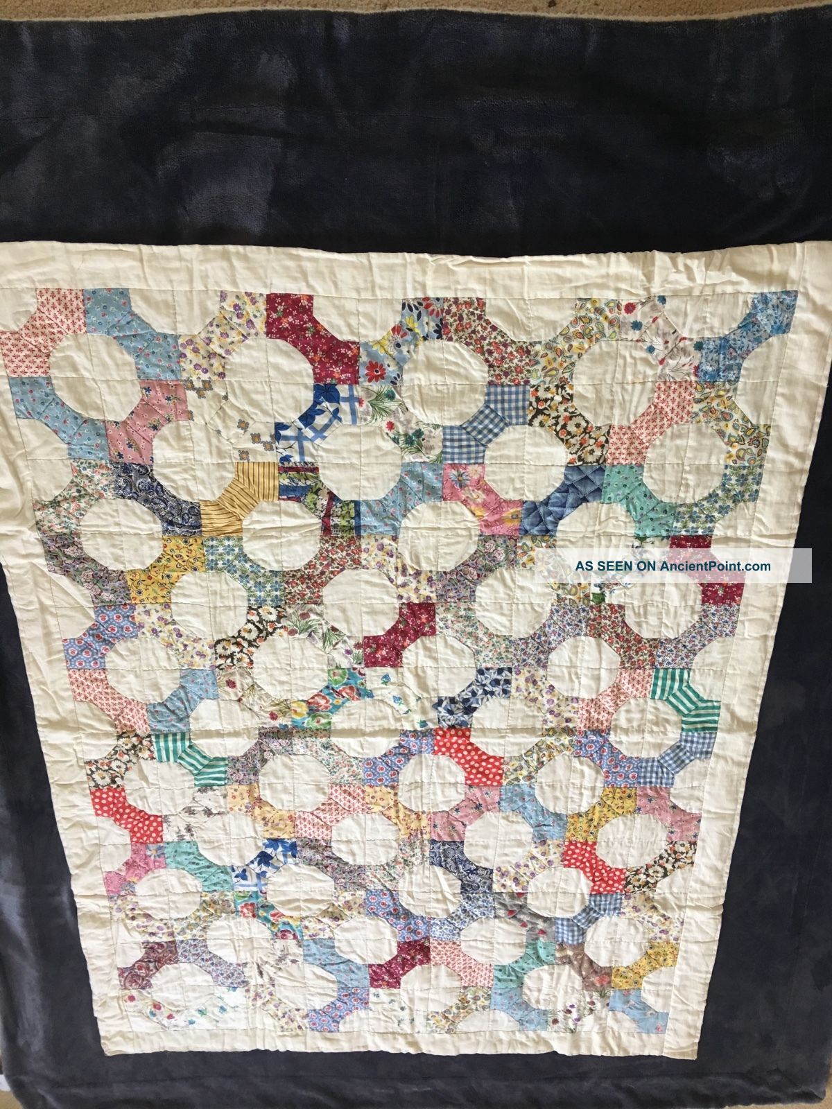 Fantastic Feed Sack Vintage 30s Baby Crib Quilt Hexagon Antique Patchwork 54x41 Completed Quilts photo