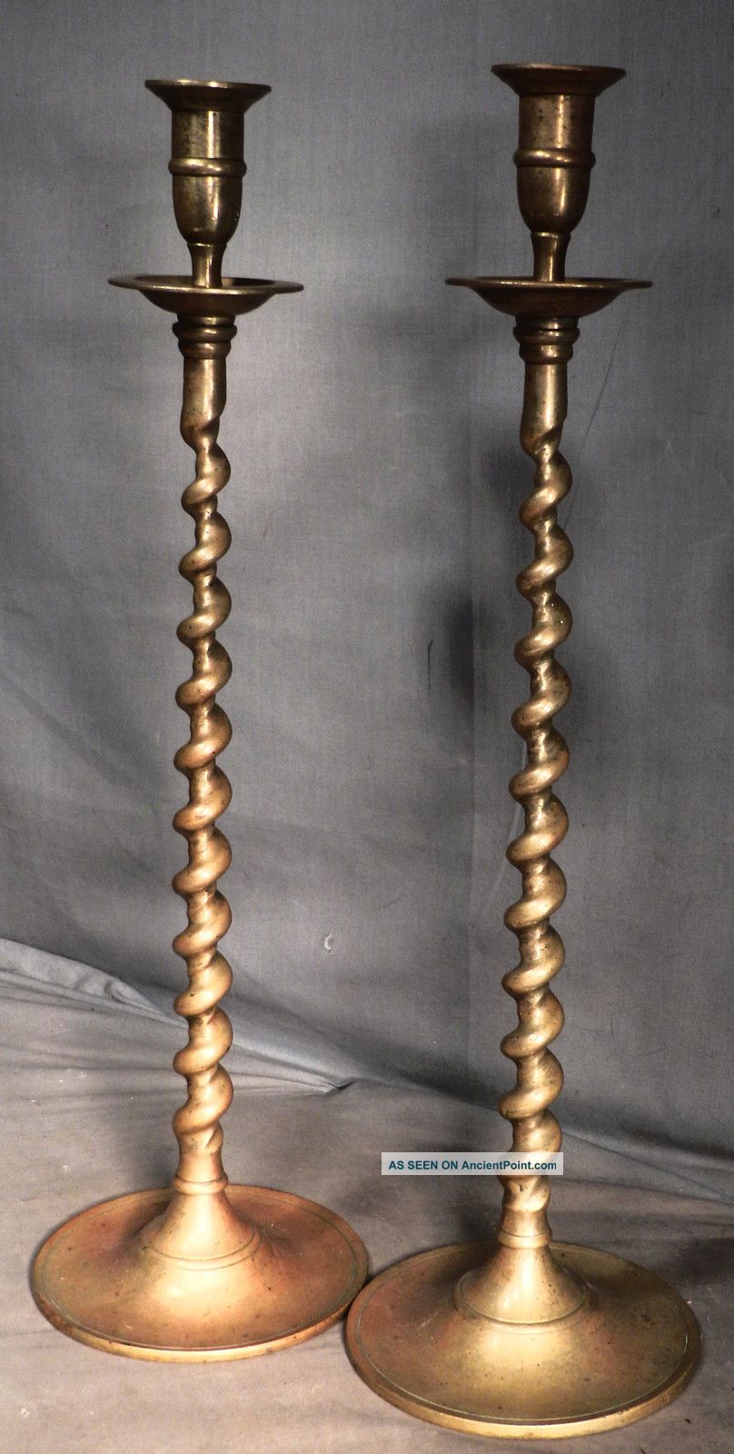 Pair Tall Antique Edwardian Victorian Brass Baroque Twist Candlestick 19” Barley Arts & Crafts Movement photo
