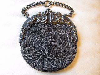 Antique Art Nouveau Reptile French Steel Micro Bead Chatelaine Kilt Coin Purse photo