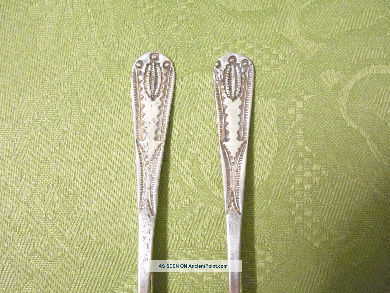 (2) Coin Silver Hand - Wrought Native American Stamped Spoons Coin Silver (.900) photo