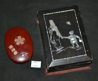 Thriftchi Mother Of Pearl Inlaid Wooden Box & Small Asian Oval Box photo