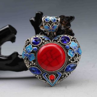 Tibetan Silver Cloisonne Inlay Natural Red Coral Heart Shape Pendant 01 photo