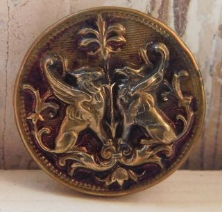 Antique Vintage Collectible Picture Button Two Facing Gargolyes Red Tint 7/8 