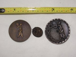 Estate Found Antique,  3 Pictorial Button Woman W/ Fans From Collector photo