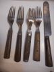 4 Antique Wooden Handled 4 - Prong Forks 1 Knife Civil War Americana Utensils Primitives photo 5