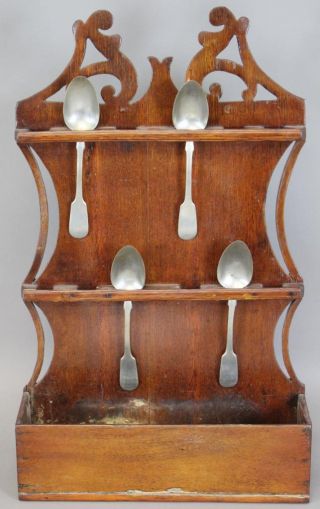 Great 18th C Pa German Scrolled And Carved Crest Wood Spoon Rack In Old Surface photo