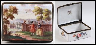 Rare C1700s English Battersea Enamel Painted Decorative Scene Snuff Box 18th C. photo