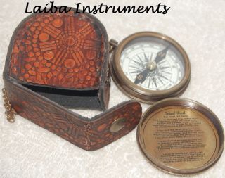 Antique Brass Compass Vintage Robert Frost Poem Compass Nautical W/leather Case@ photo