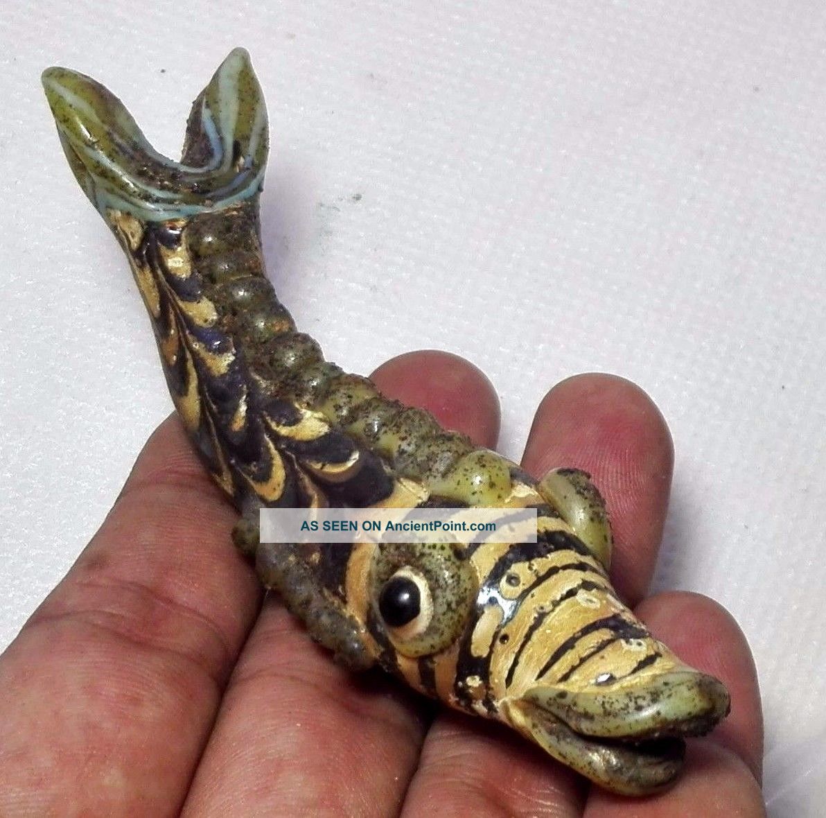 Rare Unique Old Big Phoenician Glass Fish Bead Pendant 26x93 Mm Near Eastern photo