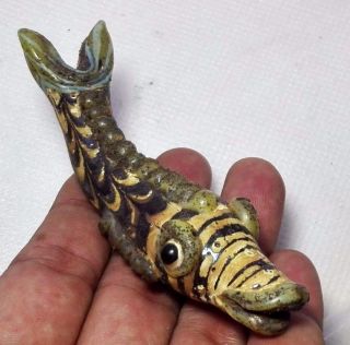 Rare Unique Old Big Phoenician Glass Fish Bead Pendant 26x93 Mm photo