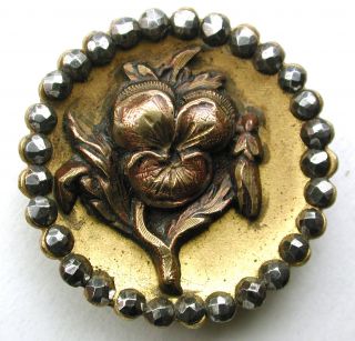 Antique Brass Cup Button Detailed Flower Design W/ Cut Steel Border 1 & 1/16 