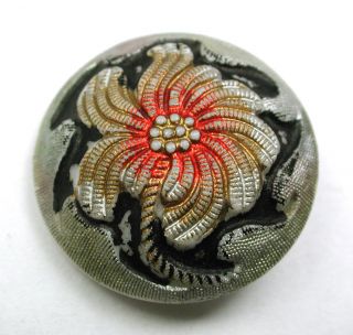 Antique Victorian Glass Button Flower W/ Colorful Paint & Gold Luster - 7/8 ' photo