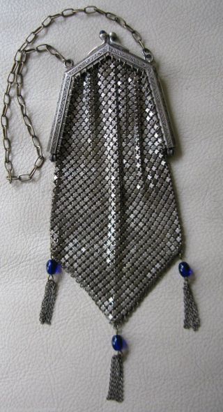 Antique Silver T Cobalt Blue Jewel Clasp & Fringe Chain Mail Mesh Flapper Purse photo