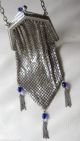Antique Silver T Cobalt Blue Jewel Clasp & Fringe Chain Mail Mesh Flapper Purse Art Deco photo 6