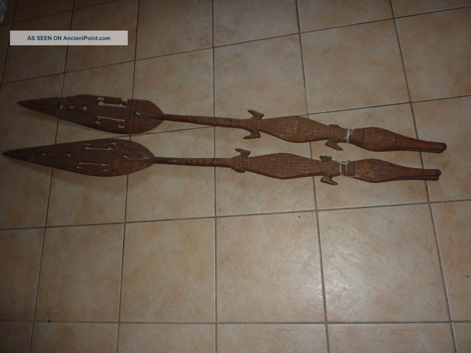 Vintage African Folkart 149cm High Crocodile Handle &ornate Deco Paddles Other African Antiques photo