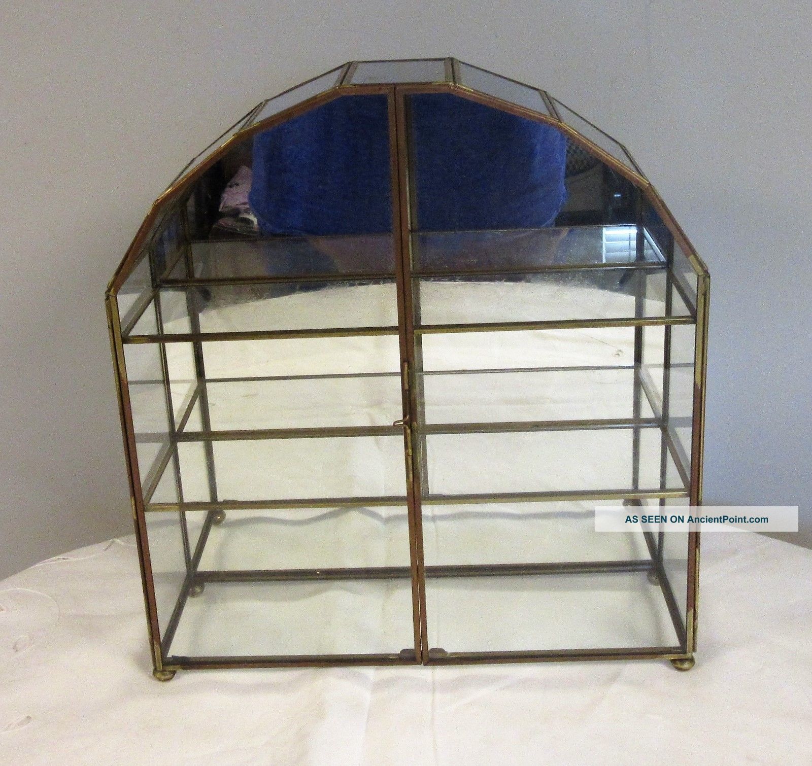Vintage Brass Glass Table Top Wall Curio Cabinet Display Case With
