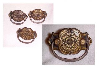 Antique Arts Crafts - Eastlake Drawer Pulls 3pc Ornate Brass Solid Usable Usa photo