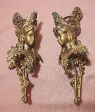 2 Antique Ornate Figural Gilt Brass Wall Sconce Lamp Part Hook Hanger photo
