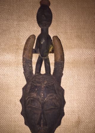 Vintage Hand - Carved Wooden Baule,  Ivory Coast Mask African Art Horns 21 