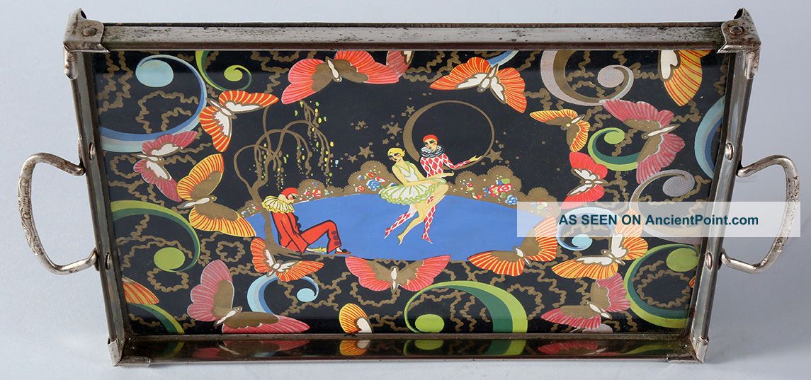American Art Deco Machine Age C.  1930 Pierrot Adorned Cocktail Tray Colorful Nr Art Deco photo