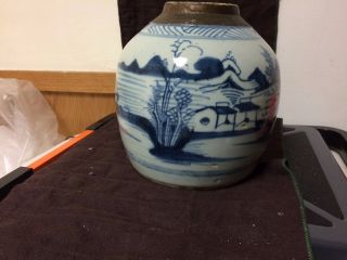 Antique 18th Century Chinese Export Canton Blue And White Pottery Ginger Jar photo