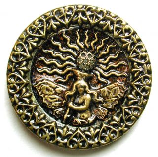 Lg Sz Antique Brass Button Detailed Fire Fairy Pictorial Image 1 & 7/16 