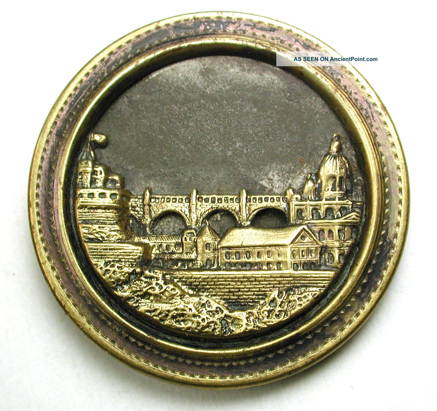 Lg Sz Antique Brass Button Castle & Town W/ Large Bridge Image 1 & 7/16 