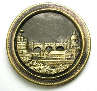 Lg Sz Antique Brass Button Castle & Town W/ Large Bridge Image 1 & 7/16 