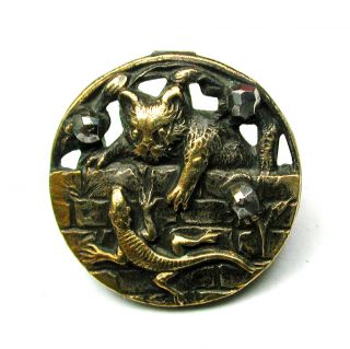 Antique Pierced Brass Button Cat & Lizard On Wall W/ Steel Accents - 1/2 