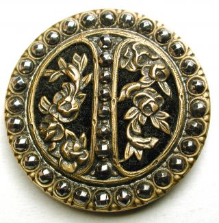 Antique Button Velvet Lined Pierced Brass Roses W Cut Steels Border 1 & 5/16 