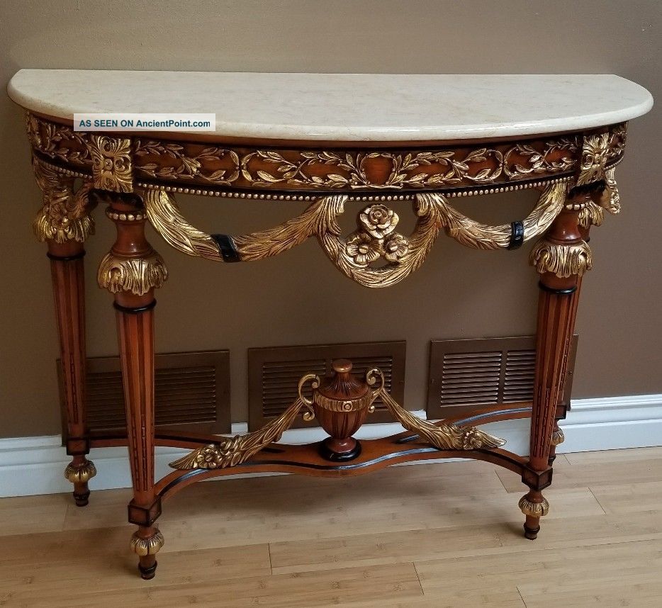 Antique Console Marble And Wood Gold And Black Table Post-1950 photo