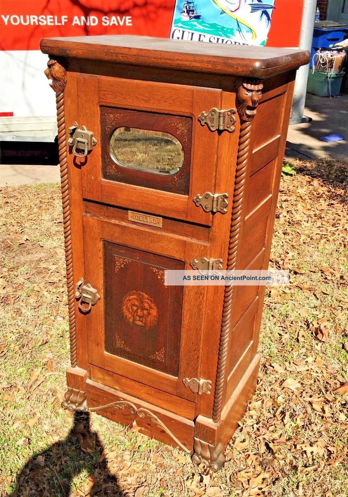 Rare Victorian Oak Heavily Carved Antique Parlor Icebox Lion ' S Faces Rope Twist Ice Boxes photo