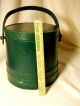 Vintage Wood Firkin - Wooden Sugar Bucket - Bentwood Handle - Old Green Paint Primitives photo 8