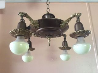 Antique Victorian Pan Chandelier 4 Arms Brass Accents 1920s photo