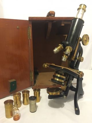 Antique Vintage C.  Baker London Brass Microscope With Lenses & Box Dph photo