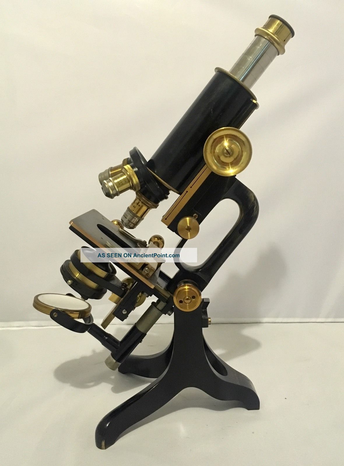 Antique Vintage C. Baker London Brass Microscope With Lenses & Box Dph