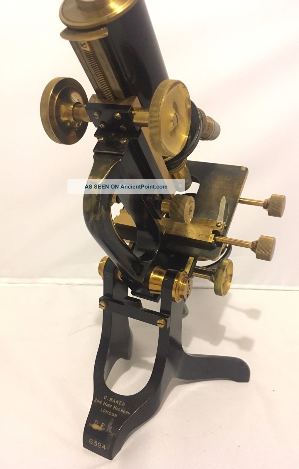 Antique Vintage C. Baker London Brass Microscope With Lenses & Box Dph