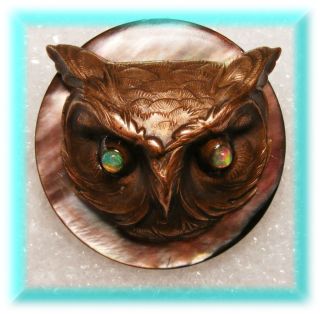 3d Nouveau French Brass Casting Of Lg Owl Head W Opal Glass Eyes On Mop Button photo