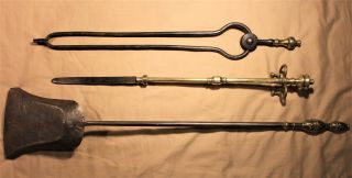 3 Unmatched Brass And Steel Georgian Or Federal Fireplace Tools C.  1800 photo