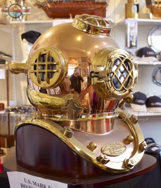 Antique Us Navy Mark V Diving Divers Helmet Solid 100 Copper & Brass With Base photo