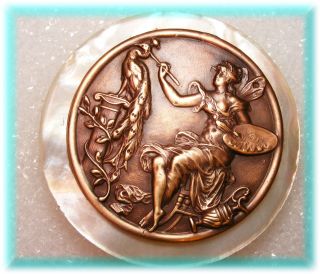 Stunning Large Mop Button W Solid Brass Casting Of Unique Fairy Artist W Peacock photo