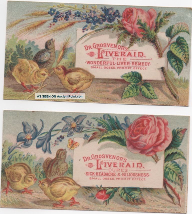 Dr Grosvenor ' S Liveraid Malaria Cure Quack Medicine (2) Adv Trade Cards C1880s Quack Medicine photo